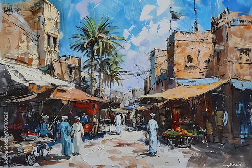 : A brush painting of a bustling marketplace in a Middle Eastern city © Ghulam