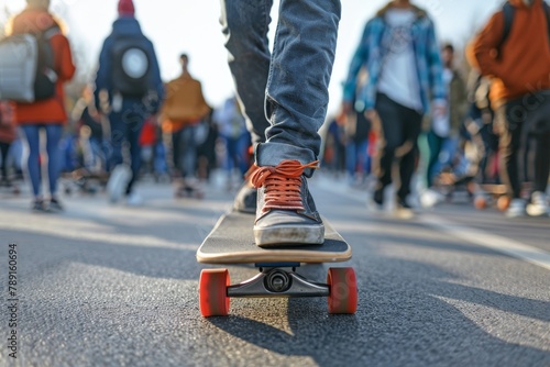 Teenager placing foot on skateboard in urban environment with people in the background