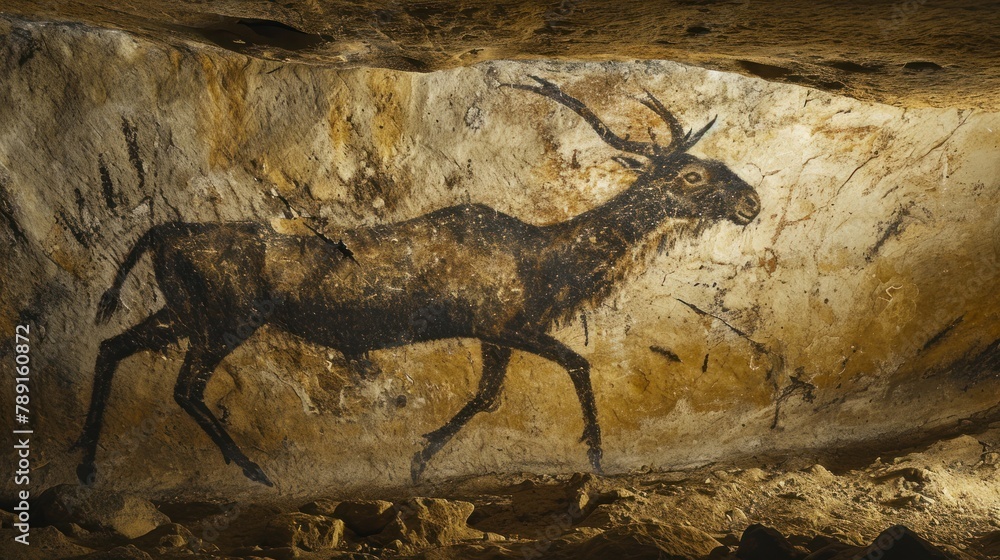Prehistoric rock painting on ancient cave wall by caveman. Prehistoric rock painting on ancient cave wall by caveman.