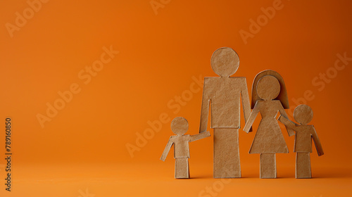Family of four as silhouette cardboard figures in front of an orange background, Generative AI