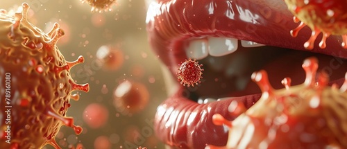 A detailed model of the herpes simplex virus near human lips, with a focus on blisters photo