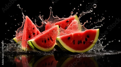 Juicy watermelon. Watermelon splash. Ripe watermelon in splashes of water. Juicy fruit watermelon creative Juicy fruits and juice. Water drops.