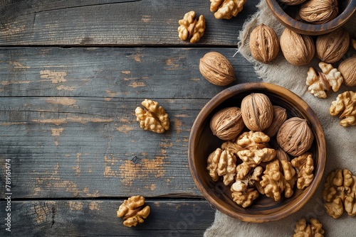 Shelled walnuts on a wooden table top view, walnuts on a wooden table, walnuts closeup, walnuts, healthy food, healthy breakfast, healthy nuts, immune booster background, vitamin booster 