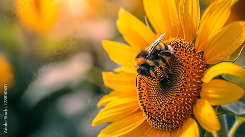 A bumblebee collecting pollen from a sunflower on a sunny day