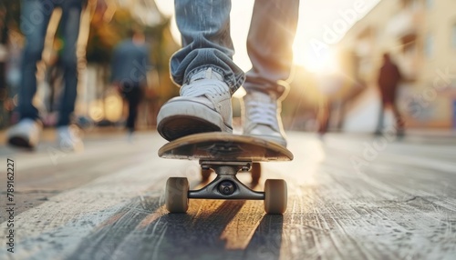 Teenager s foot on skateboard with blurred crowd in urban setting, street scene background