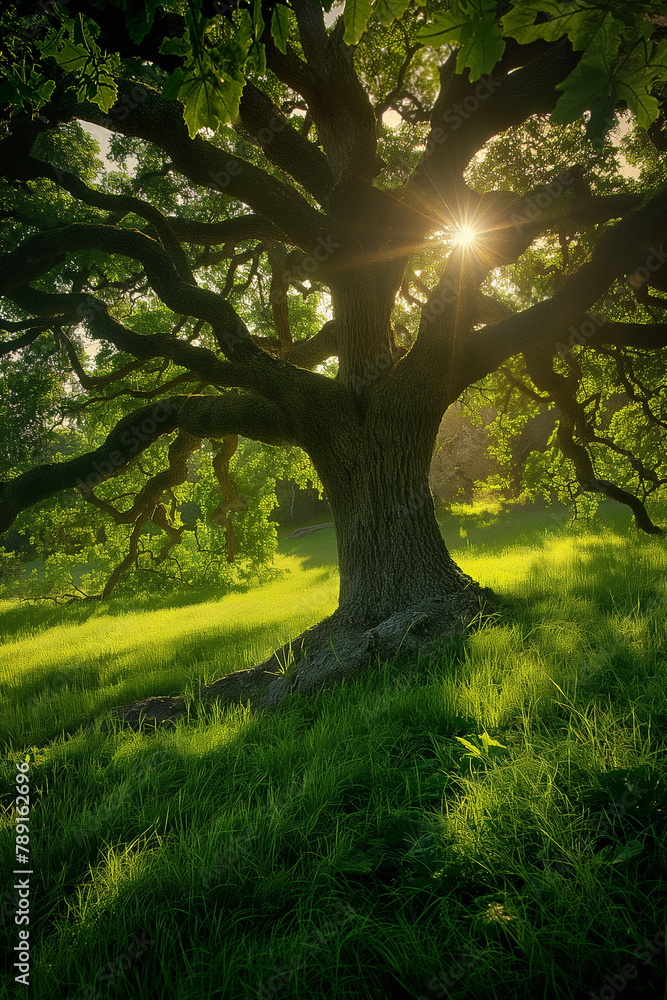 Fototapeta premium Sunlight bursts through the sprawling branches of an ancient tree, illuminating the verdant grass and roots, embodying the tree’s enduring life force.