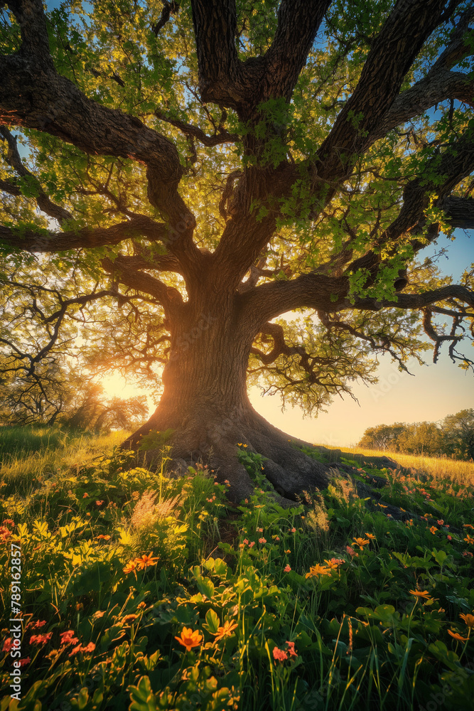 The setting sun casts a warm glow on an ancient oak tree, surrounded by a meadow of wildflowers, creating a tranquil and timeless scene. The setting sun casts a warm glow on an ancient oak tree, surrounded by a meadow of wildflowers, creating a tranquil and timeless scene.