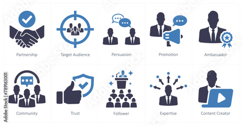 A set of 10 influencer icons as partnership, target audience, persuasion