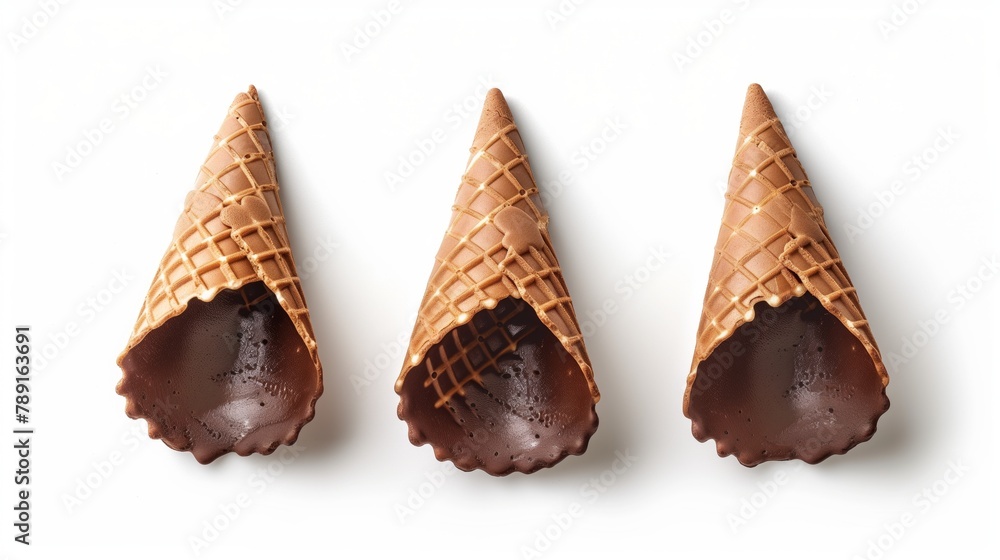 Three chocolate-coated waffle ice cream cones melting on a white surface Three chocolate-coated waffle ice cream cones melting on a white surface