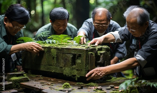 Group of People Standing Around Moss Covered Box photo