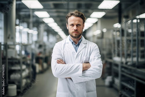 A determined male scientist stands with crossed arms in the lab, his expression reflecting focus and professionalism against the backdrop of high-tech equipment.
