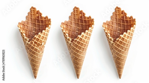 Three empty waffle cones for ice cream isolated on white background