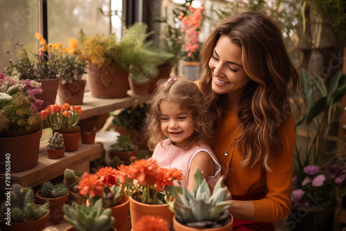 A mother shares a tender moment with her daughter amidst vibrant potted plants, their laughter as warm as the surrounding blooms. © Darya