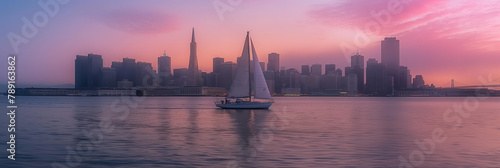 In the soft twilight glow, a sailboat navigates the serene waters before a city's silhouetted skyline under a sky streaked with pink and purple.