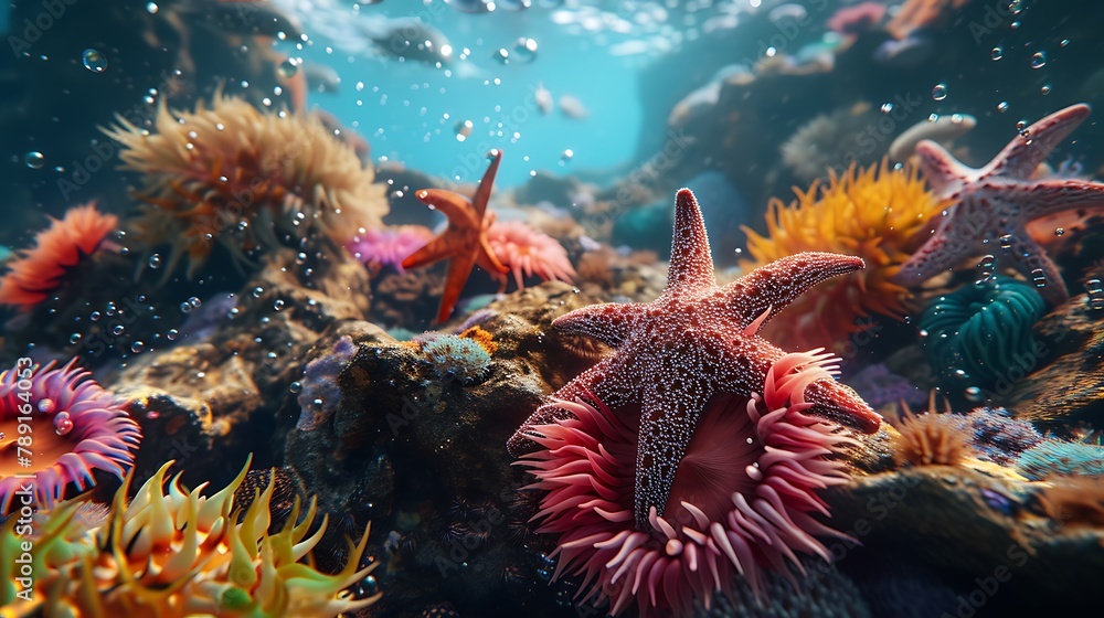 A cluster of sea stars and colorful anemones on a rocky underwater landscape