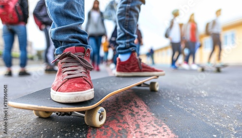 Teenager s foot on skateboard in urban setting with blurred street crowd in background photo