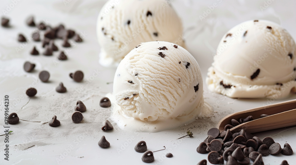 Scoops of vanilla ice cream with chocolate chips scattered on a white surface. Scoops of vanilla ice cream with chocolate chips scattered on a white surface.