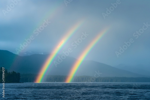 A serene lake scene graced by a striking double rainbow arching over a misty forested landscape under a subdued sky.