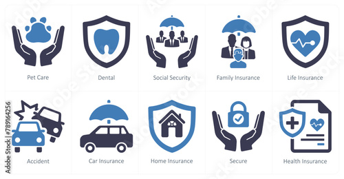 A set of 10 insurance icons as pet care, dental, social security