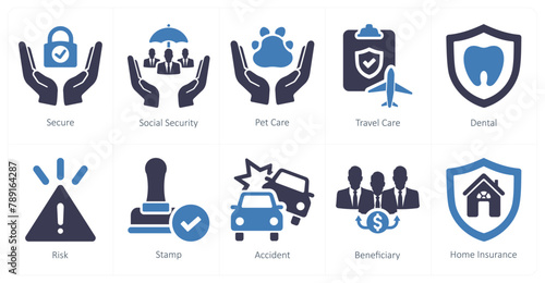 A set of 10 insurance icons as secure, social security, pet care