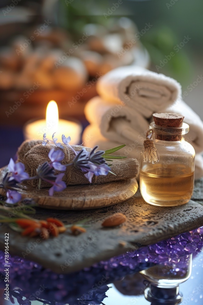 Tranquil Spa Ambiance with Candles, Flowers, and Towels Tranquil Spa Ambiance with Candles, Flowers, and Towels