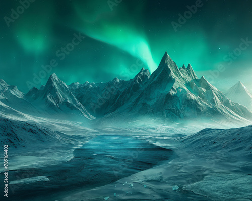 Spectacular northern lights dance across the night sky above a rugged, icy mountain landscape, with a serene, frozen river in the foreground.