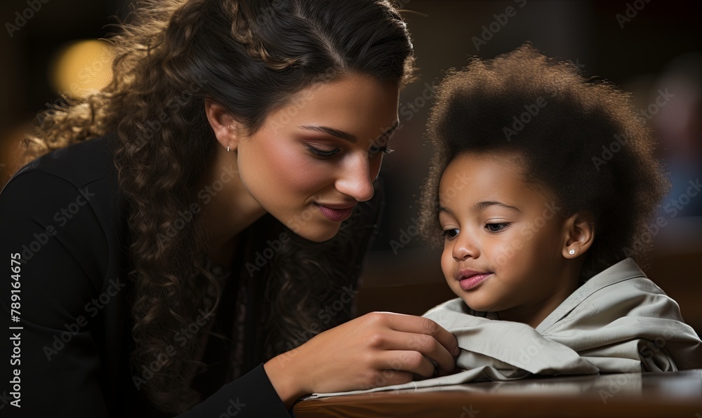 Woman Wiping Tears From Childs Cheek at Table Woman Wiping Tears From Childs Cheek at Table