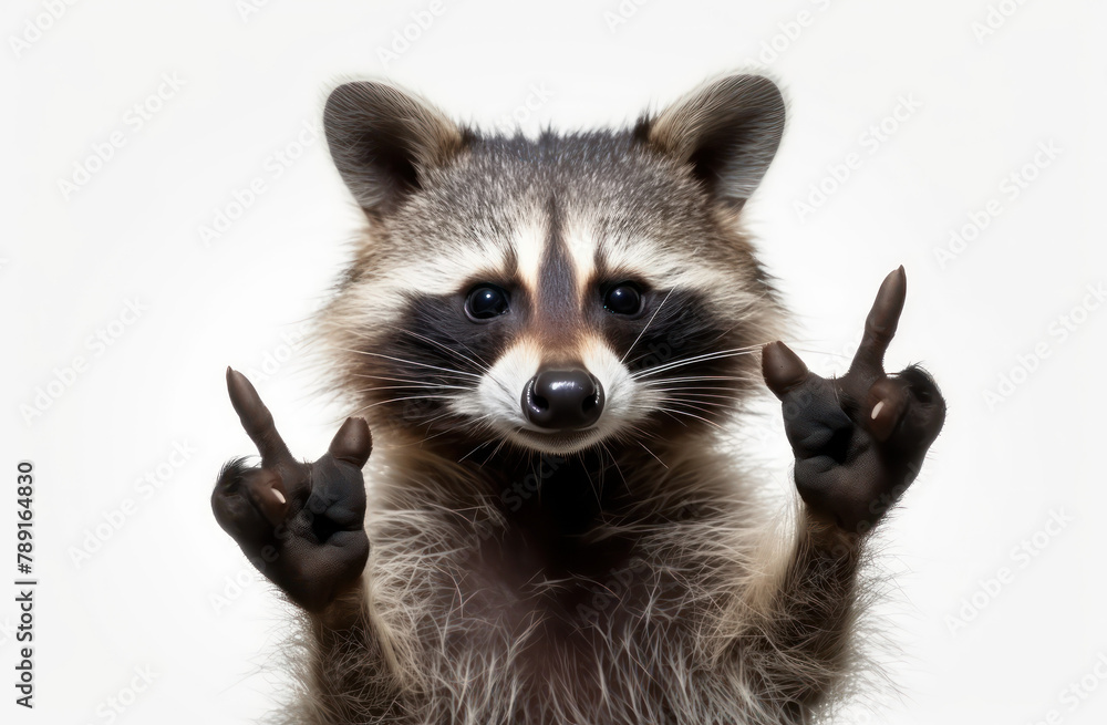 A cute funny raccoon showing middle fingers isolated on a white background.