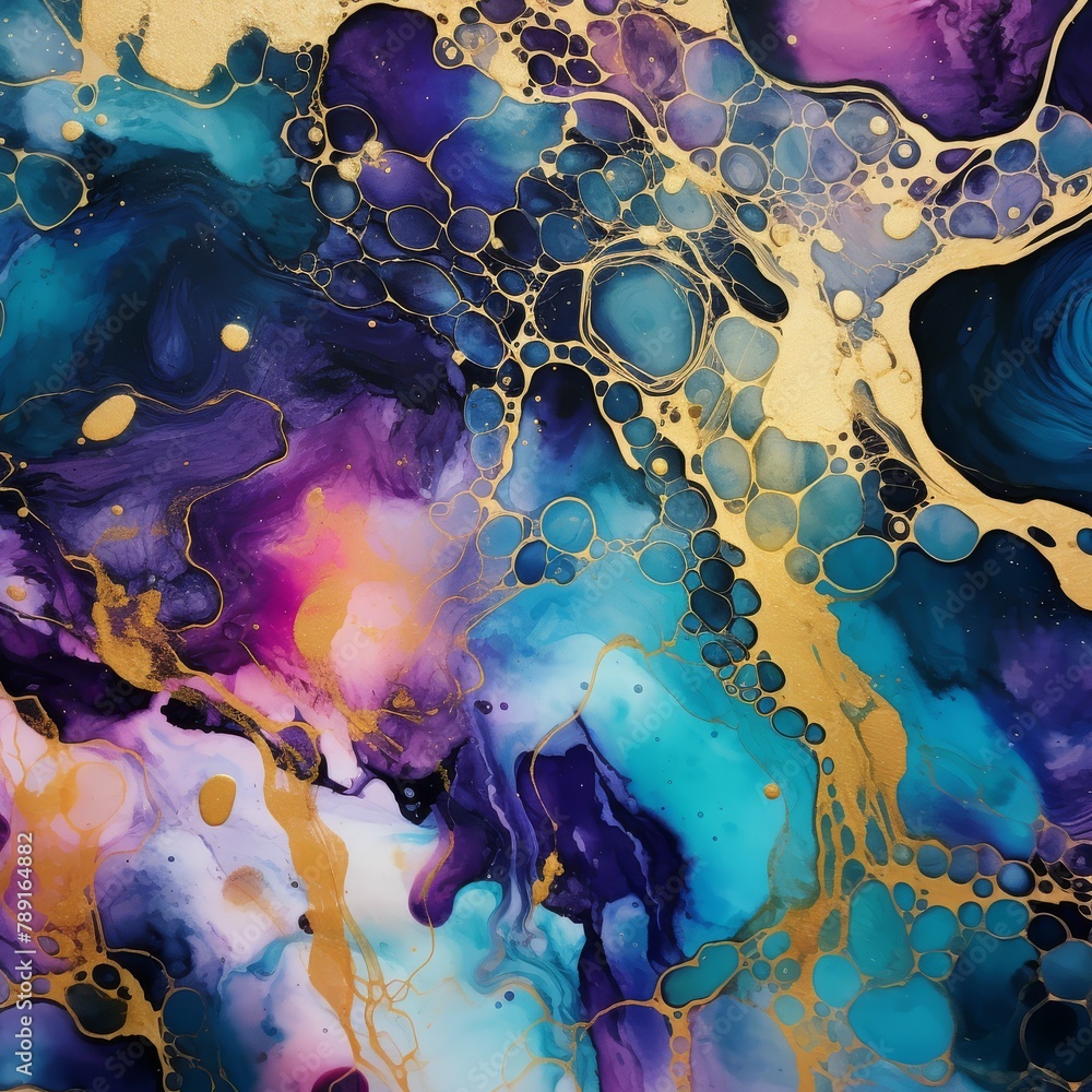 Abstract painting with vibrant blues, purples, and golds