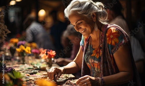 Smiling Older Woman at Table With Flowers © uhdenis