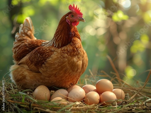 Hen laying eggs on a roost