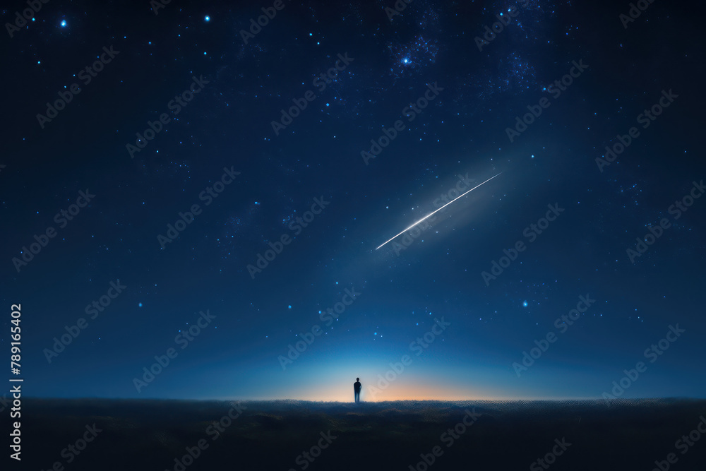 A lone figure stands on the horizon, gazing up at an endless sky filled with stars and a single shooting star streaking across it