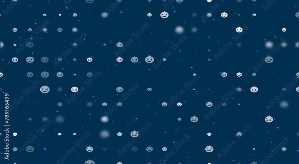 Template animation of evenly spaced halloween pumpkin symbols of different sizes and opacity. Animation of transparency and size. Seamless looped 4k animation on dark blue background with stars Template animation of evenly spaced halloween pumpkin symbols of different sizes and opacity. Animation of transparency and size. Seamless looped 4k animation on dark blue background with stars