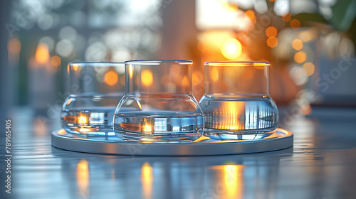 Three glass beakers with water sit on a table. There are candles burning behind them.