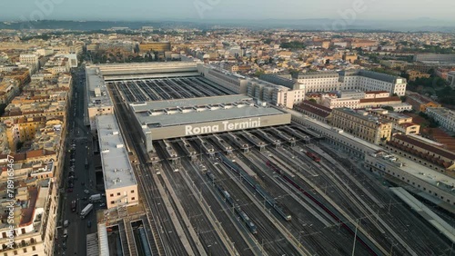 Drone View Above Termini Train Station in Downtown Rome, Italy. Boom Shot photo