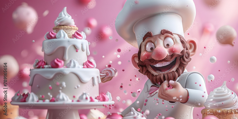 Happy chef cutting delicious cake with colorful sprinkles in 3D illustration Happy chef cutting delicious cake with colorful sprinkles in 3D illustration