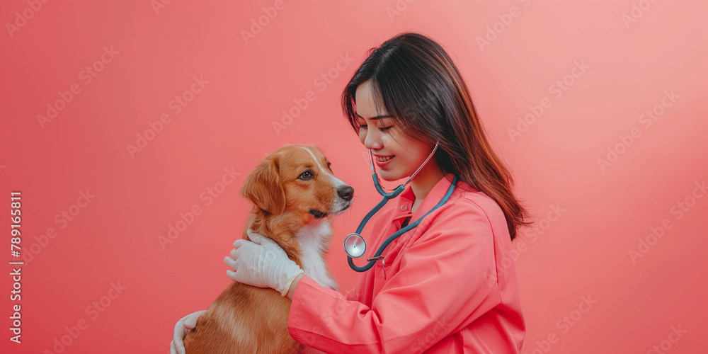 Asian female veterinarian checking, listening dog with stethoscope. Vet doctor stroking pet. Careful woman working in hospital in medical suit on Coral color background