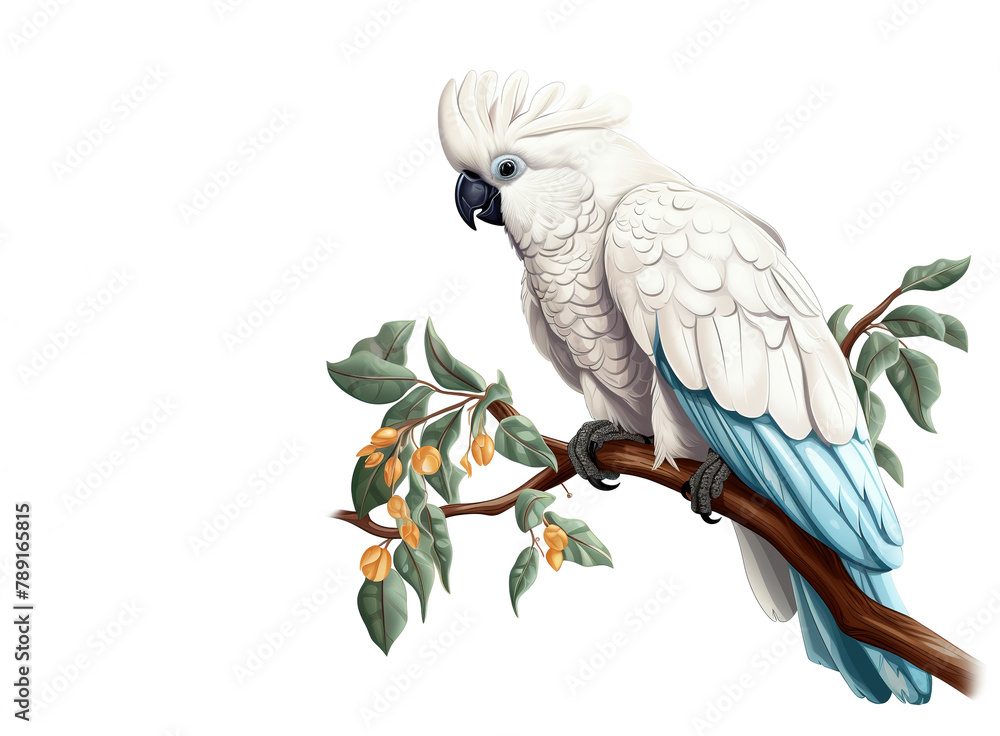 Fototapeta premium Image of cockatoo on a branch on a white background. Birds. Animals. Illustration, Generative AI.