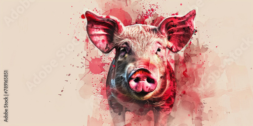 Grimy Swine A Bloody Portrait of a Pig Against a Vivid Red Background