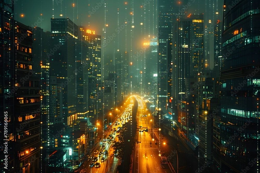 Vibrant City Street Illuminated at Night. Generative AI