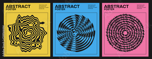 Set of optical illusion poster with abstract textured circle in futuristic brutalist style. Color cover with geometric shapes. Swiss Design