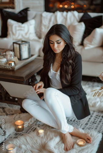 Woman Sitting on Floor Using Laptop