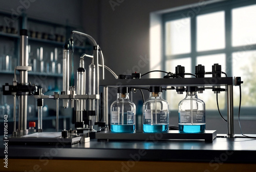 Equipment for electrolysis in chemical laboratory. Reagents and device for supplying current on laboratory table for experiments. Assembly and various conical flasks and test tubes in the interior