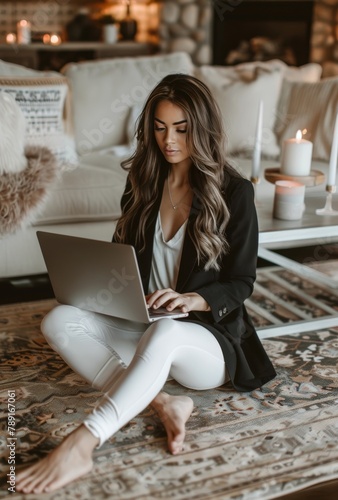 Woman Sitting on Floor Using Laptop