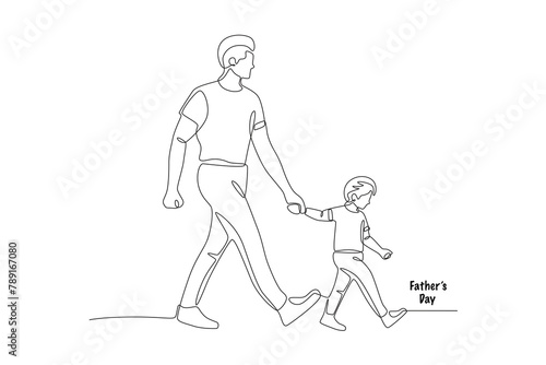 Father holding his son for a walk. Fathers day concept one-line drawing