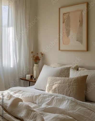 Bed With White Sheets and Pillows in a Bedroom