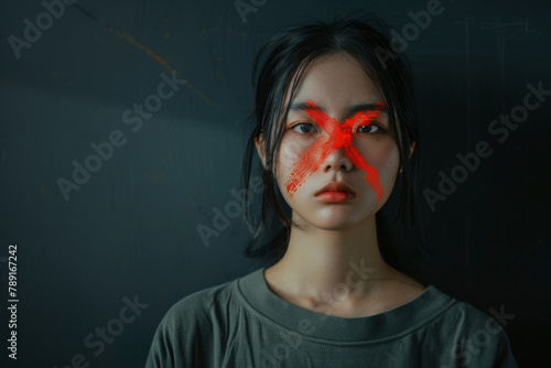 A woman with a red cross painted on her face, a rejection