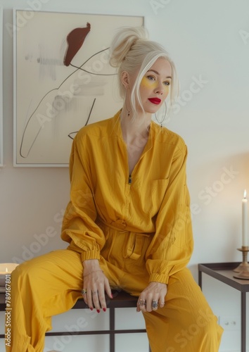 Woman in Yellow Outfit Sitting on Table