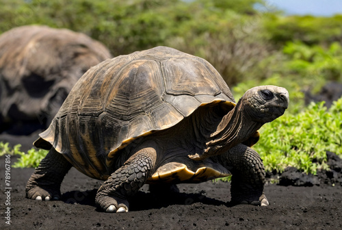 Galápagos tortoise (Chelonoidis elephantopus) in tropical Galapagos island. Giant turtle (tortuga) in animal world. Observation of wildlife area. Holiday adventure in Ecuador © Alex Vog