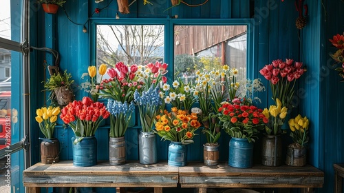   A table holds several flowers, their vibrant hues reflected in a window A truck's image is mirrored behind them photo